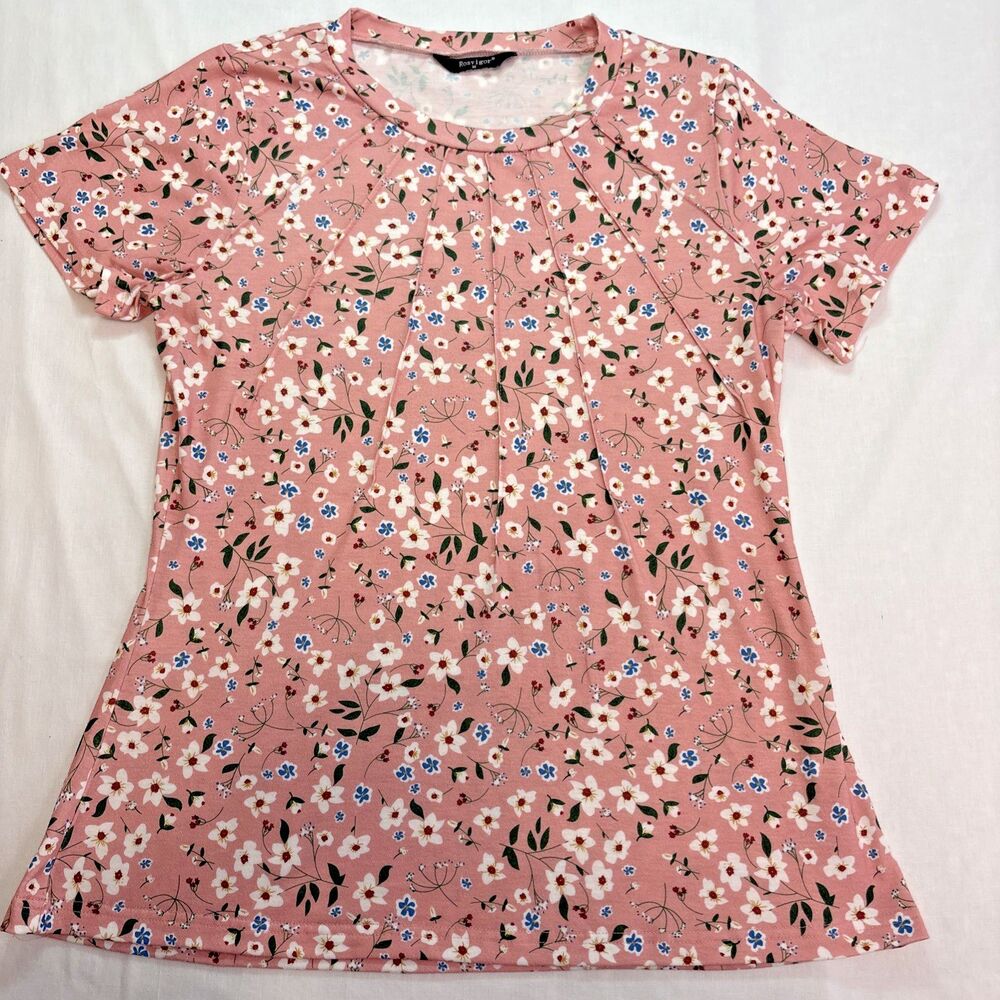Rosvigor Womens Medium Pink Top Floral Pleated Pullover